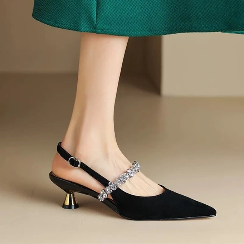 Women Sandals Ladies Sexy Buckle Rhinestone High Heels Female Casual Shoes Golden Silver Point Toe Trend Summer Pumps2025