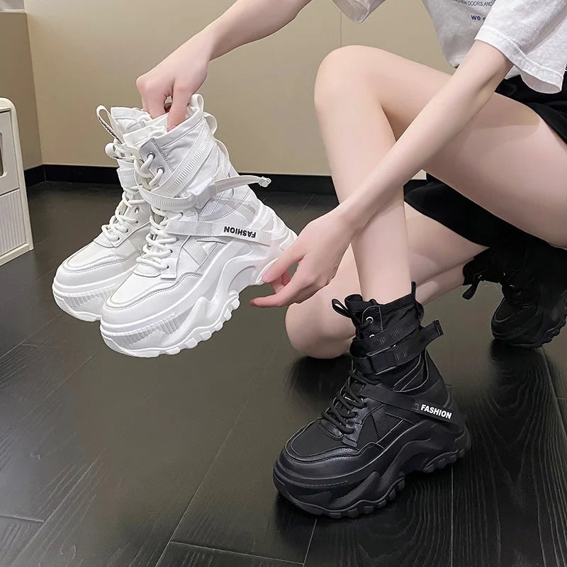 Chunky Platform White Motorcycle Boots Women Buckle Lace Up Thick Bottom Ankle Boots Woman 2024 Autumn Fashion Vulcanized Shoes