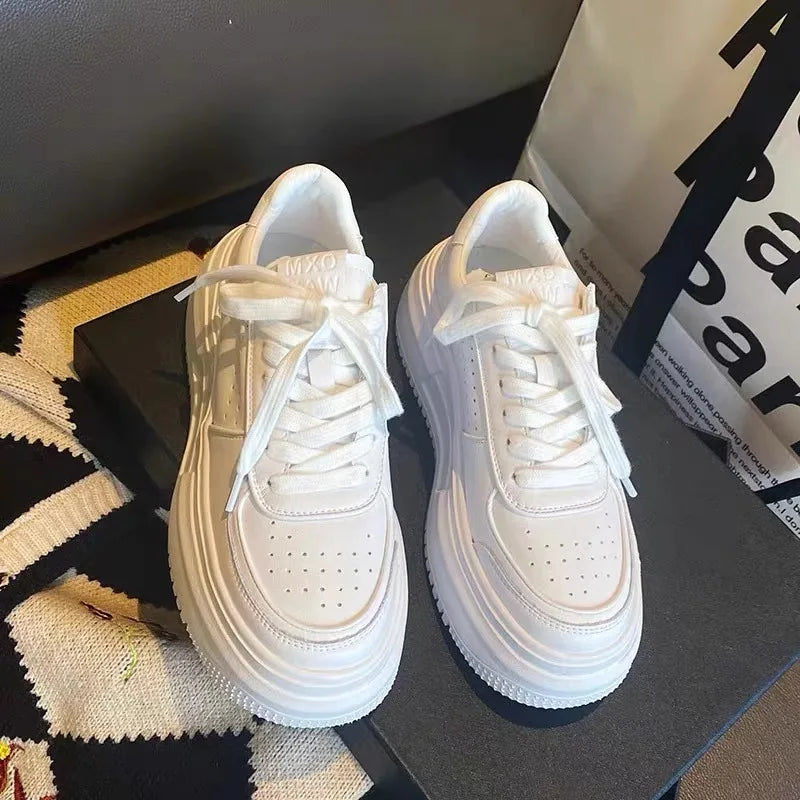 2024 New PU Leather Women's White Breathable Casual Woman Vulcanize Sneakers Sport Walking Running Platform Flats Shoes