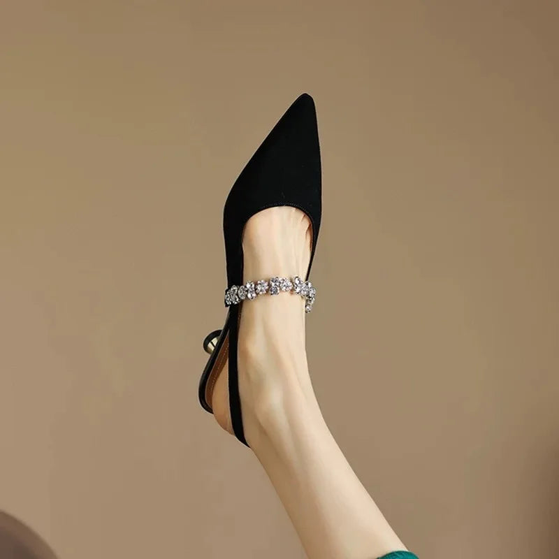 Women Sandals Ladies Sexy Buckle Rhinestone High Heels Female Casual Shoes Golden Silver Point Toe Trend Summer Pumps2025